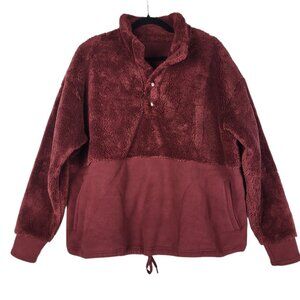 All In‎ Motion Fuzzy Teddy Bear Jacket Women's XXL Wine Pullover Quarter Snap